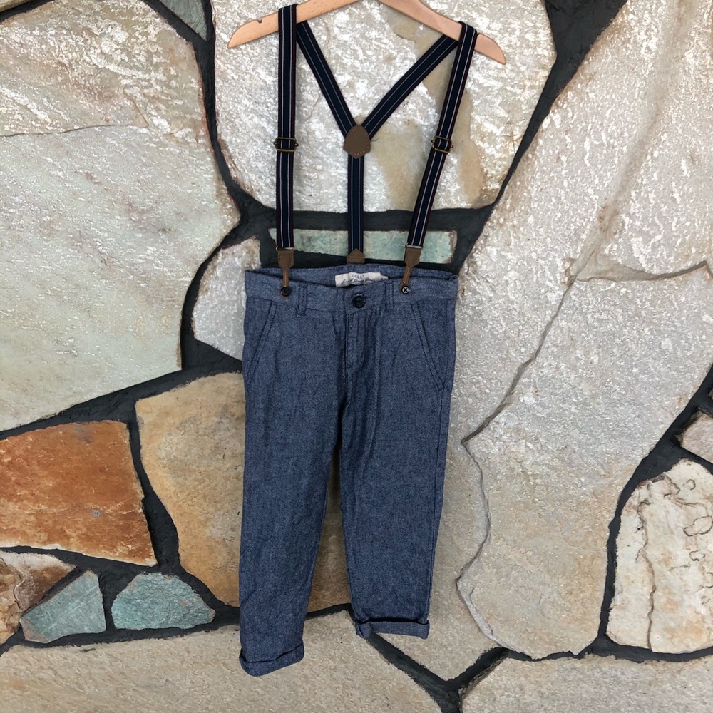 Blue flannel pants with suspenders size 4-5